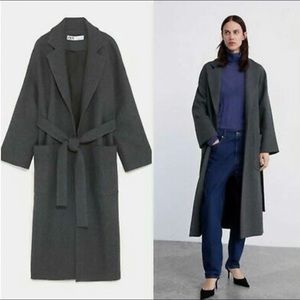 Zara Manteco Wool Long Maxi Wrap Coat Grey